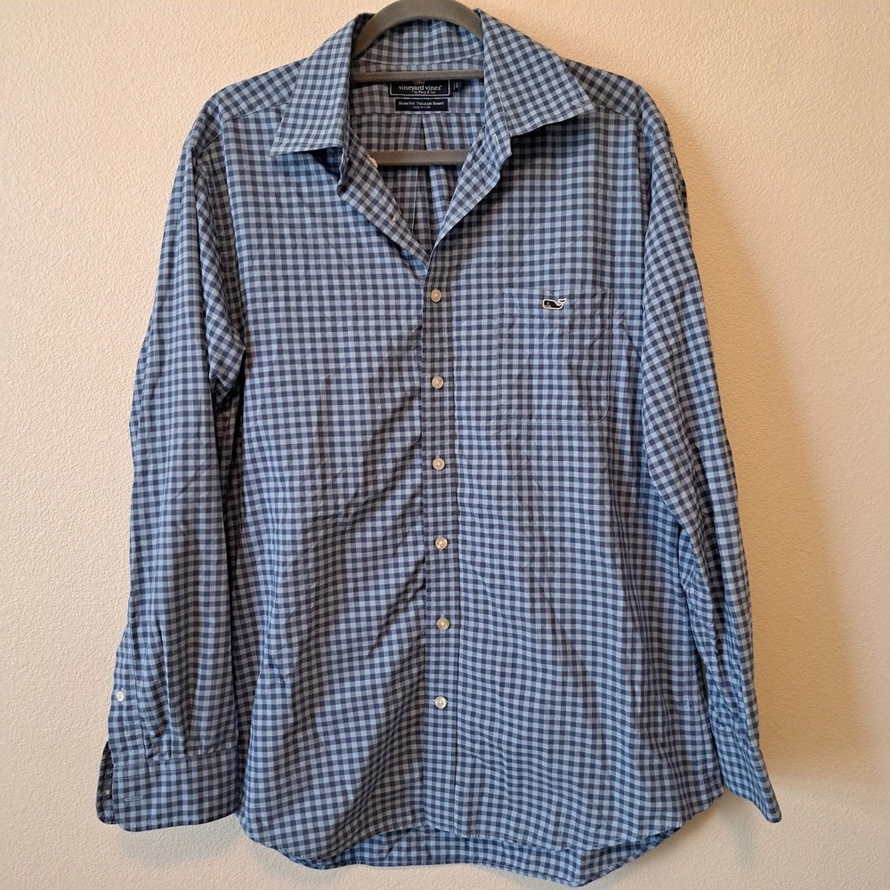 Vineyard Vines Mens Slim Fit Tucker Shirt Blue Grey Gingham Nylon Long Sleeve L